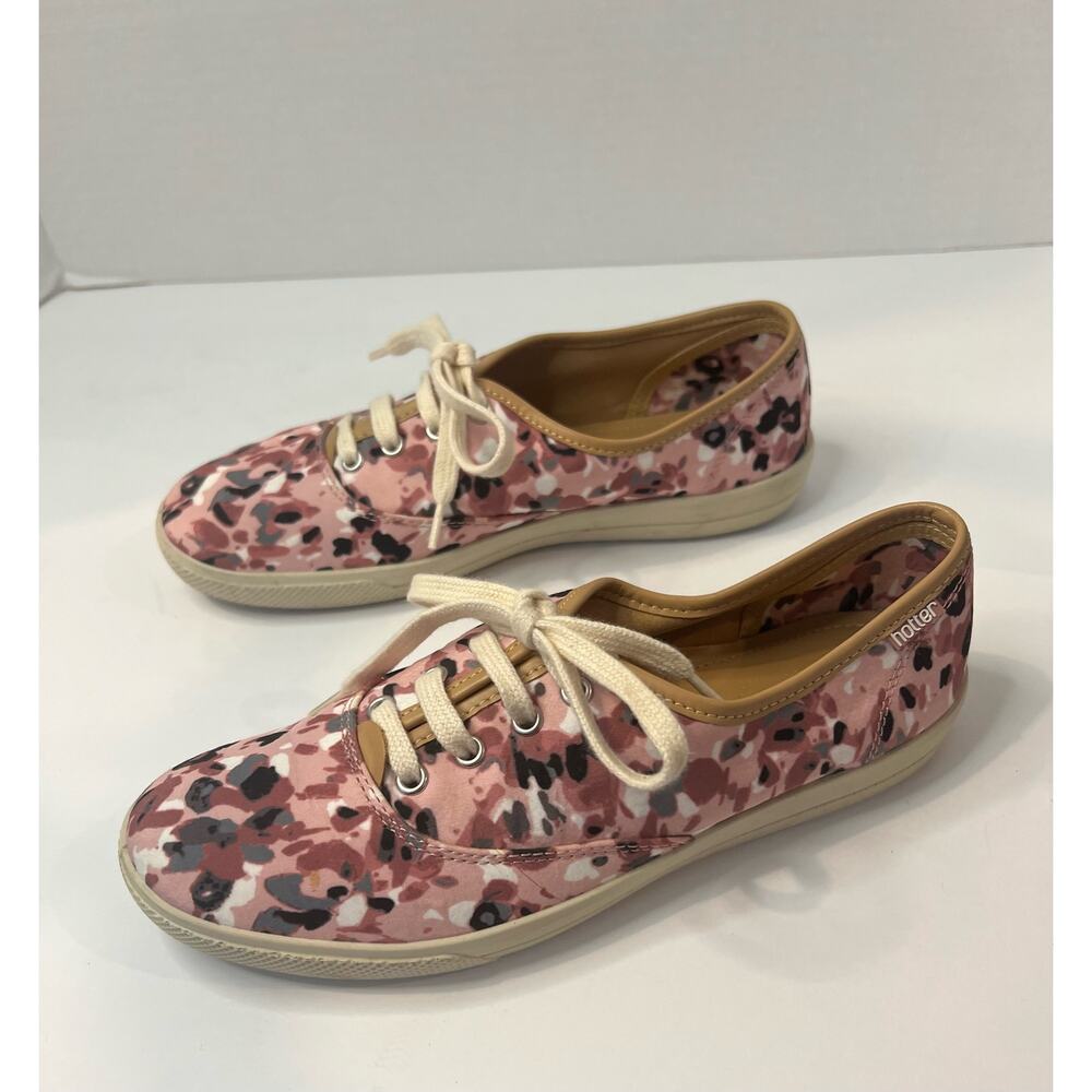 Hotter Mabel Women’s Floral Pink Gray Black Canvas Lace Up Sneaker Shoes Size‎ 7